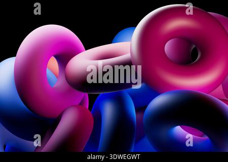 Eine fesselnde 3D-Illustration mit lebendigen geometrischen Formen in Rosa- und Blautönen, die sich anmutig vor einem schwarzen Hintergrund verschmelzen und eine Stockfoto