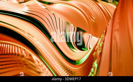 Ein faszinierendes abstraktes Bild mit glatten, fließenden Kurven in leuchtenden Orange- und Grüntönen, das eine dynamische und visuell beeindruckende Textur erzeugt Stockfoto