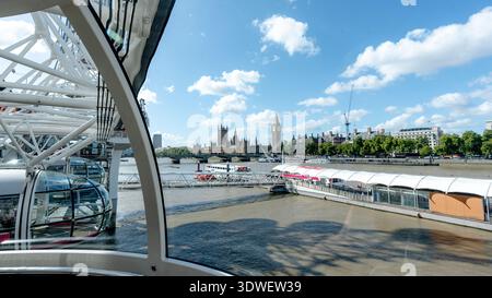 Ein fesselnder Blick auf Big Ben, die Houses of Parliament und Westminster Bridge aus dem Inneren einer London Eye-Kapsel mit berühmten Wahrzeichen un Stockfoto