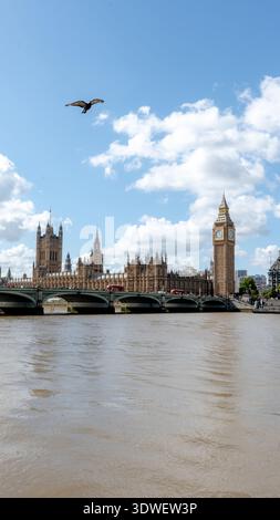 Ein malerischer Blick auf die Westminster Bridge und Big Ben vor einem hellblauen Himmel in London, England. Berühmte Wahrzeichen, darunter die Houses of Parliament, sind hier Stockfoto
