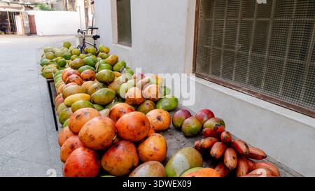 Eine lebhafte Auswahl exotischer Früchte, darunter Mangos und Bananen, wird auf einem Tisch im Freien in der historischen Stone Town ausgestellt, die einen Einblick bietet Stockfoto