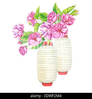 Japanische Papierlaterne und Sakura-Blütenzweig. Botanische Illustrationsblumen im Frühling. Handgezeichnete Blütenknospen, Blütenblätter und Blätter von Stockfoto