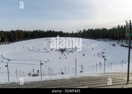 Panoramablick auf Leute, die in einer großen Outdoor-Arena Snowtubing und Wintersport genießen. Malerische Schneelandschaft mit Kiefernwäldern im Hintergrund Stockfoto