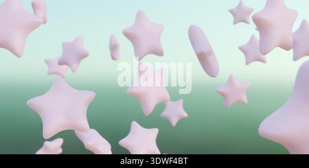 Zarte rosa gummifarbene Sterne schweben sanft in einem pastellfarbenen Himmel und schaffen eine ruhige und traumhafte Atmosphäre. 3D-Rendering Stockfoto
