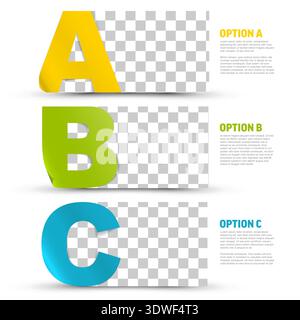 Diese Infografik-Vorlage enthält farbenfrohe ABC-Infografik-Banner mit Platz für Bilder. Verwenden Sie diese Infografik-Layouts, um drei Schritte zu präsentieren, oder wählen Sie Stock Vektor