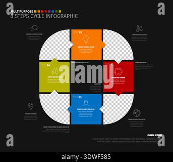 Professionelle Infografikvorlage mit 8 Schritten für Geschäftspräsentationen. Diese Infografik mit 8 Schritten zeigt einen dunklen Hintergrund, bunte quadratische Blöcke und Stock Vektor