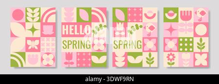 Geometrische flache Komposition von Pflanzen und Blumen Hello Spring, Web-Poster-Set mit ornamentalem Muster. Stock Vektor
