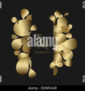 Eine elegante Karte zum Speichern des Datums mit goldenen abstrakten Formen auf dunklem schwarzem Hintergrund. Diese Vorlage zum Speichern des Datums eignet sich perfekt für luxuriöse Goldstücke Stock Vektor