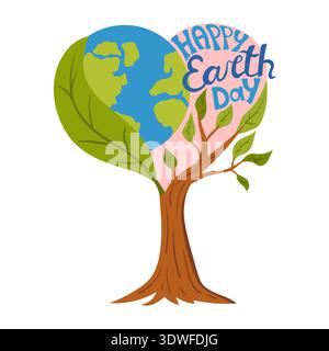 Karte zum lebendigen Erdtag mit einer herzförmigen Komposition, die in einen blühenden Baum mit grünen Blättern integriert ist. Stilvolles Happy Eart Stock Vektor