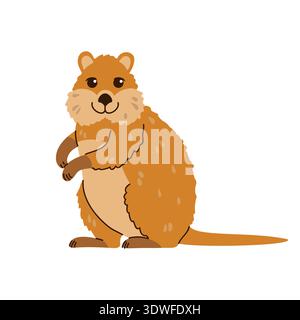 Süßes lächelndes Quokka, australisches Tier, isoliert auf weißem Hintergrund. Eine handgezeichnete flache Illustration eines fröhlichen braunen Beuteltieres, perfekt für die Ausbildung Stock Vektor