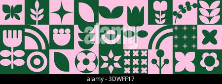 Geometrischer Hintergrund des Blumenfrühlings. Abstrakte Natur. Blätter und Blumen. Satz von Symbolen im flachen Stil. Stock Vektor