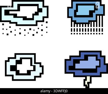 Vektorpixel Art Clouds. Verschiedene Symbole für Wettereinstellungen Stock Vektor