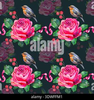 Wunderschönes, nahtloses Aquarellmuster mit rosa Pfingstrosen, einem bezaubernden singvogel und roten Beeren. Diese romantische florale Komposition mit Bändern ist das Stockfoto