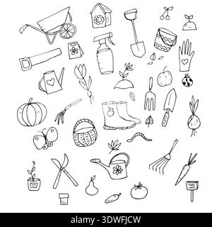 Handgezeichneter Satz von Elementen zum Thema Gartenwerkzeuge, Schwarz-weiß-Illustration Stock Vektor