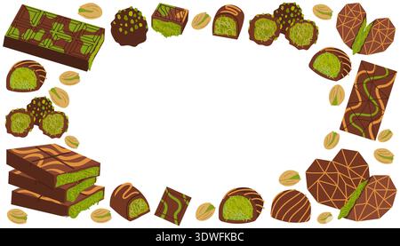 Dekorativer Rahmen aus trendigen Dubai Schokoladentafeln und Pralinen mit Pistazien-Knafeh-Füllung. Lebendige, flache Illustration mit ganzen Nüssen, Zuckerwatte Stock Vektor