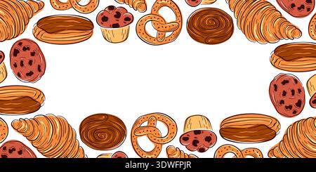 Backwaren mit Croissant, Brezel, Keksen und süßen Brötchen in flacher Form. Illustrationshintergrund für Menü, Geschenkkarte und Verpackung. Stock Vektor