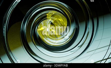 Ein faszinierendes 3D-Rendering mit wirbelnden abstrakten Formen mit dynamischen gelben Akzenten. Das Bild zeigt komplizierte Kreismuster und glänzenden Text Stockfoto