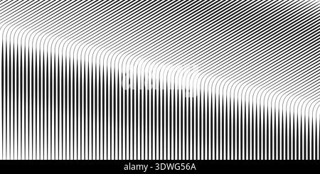 Neigungslinie Halbtonabstufung gekrümmte Linien. Verblichener diagonaler Streifen-Verlaufshintergrund. Schwarzer schräger Hintergrund. Verschwindendes, dünnes Hintergrundbild mit parallelen Linien Stock Vektor
