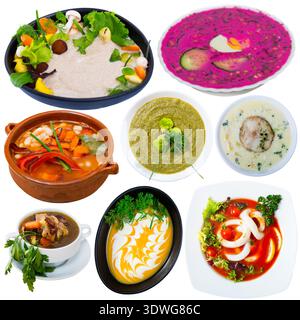 Collage von verschiedenen Suppen isoliert Stockfoto
