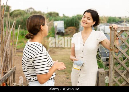 Porträt von sprechenden Kollegen auf dem Bauernhof. Stockfoto