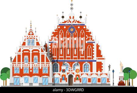 Mitesser Haus in Riga, Lettland, isoliert auf weißem Hintergrund Vektorillustration. Monuments and Landmarks Series Stock Vektor