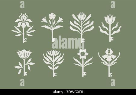 Botanische Sammlung von Schlüsseln und Blumen in Blumenart mit beigefarbener Farbe auf grünem Hintergrund Stock Vektor