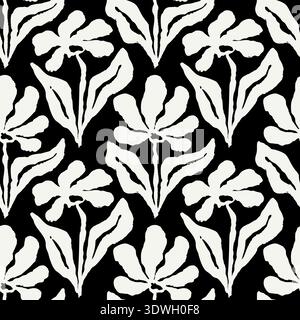 Nahtloses monochromes Muster mit handgezeichneten abstrakten Blumen. Künstlerische Pinselstriche im Blumendesign in modernem, minimalistischem Stil Stock Vektor