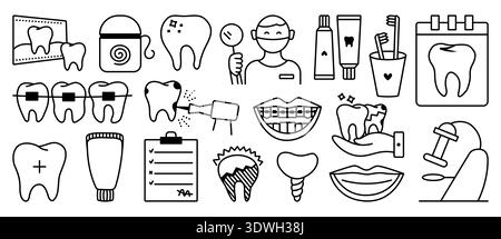 Zahnheilkunde schwarze Linien, lineare Stomatologie-Schilder gesetzt. Monochrom-Outline-Zahnwerkzeuge, Mundhygiene-Clipart-Bündel. Verschiedene Vektor-isolierte Symbole Stock Vektor