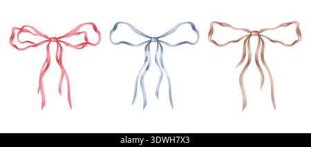 Clip-Art mit roter, blauer und brauner Schleife. Aquarellabbildung. Handgezeichnete isolierte Kunst. Band in einer losen Schlaufe zum Dekorieren gebunden Stockfoto