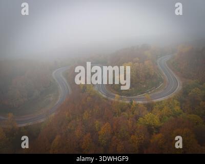 Ein Blick aus der Vogelperspektive auf die gewundene Straße durch einen hohen Bergpass, der durch dichten Wald führt Stockfoto