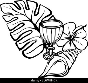 Tropische Sommer-Vektor-Illustration mit Monstera-Blatt, Hibiskusblume, Muschel und Cocktailglas in kräftiger schwarzer Linie Kunst. Für Strand Branding Stock Vektor