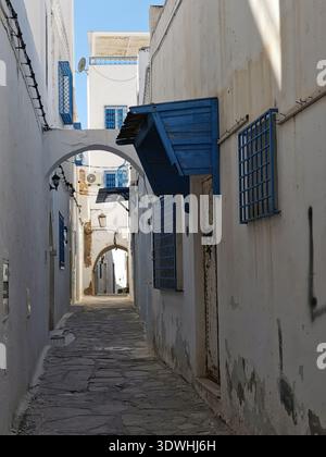 Hammamet: Enge blau-weiße Gassen der alten Medina Tunesien, mit traditioneller Architektur und ruhigen Straßen in der historischen Küstenstadt. Stockfoto
