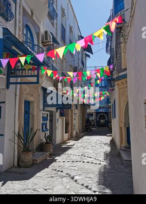 Hammamet: Enge blau-weiße Gassen der alten Medina Tunesien, mit traditioneller Architektur und ruhigen Straßen in der historischen Küstenstadt. Stockfoto