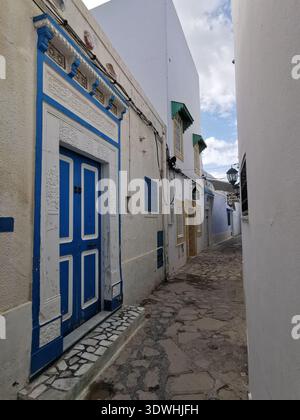 Hammamet: Enge blau-weiße Gassen der alten Medina Tunesien, mit traditioneller Architektur und ruhigen Straßen in der historischen Küstenstadt. Stockfoto