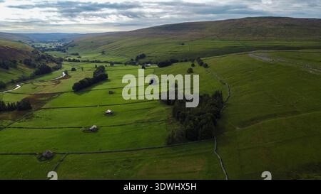 Blick aus der Vogelperspektive über die grünen Felder und Steinscheunen, die sich durch die Landschaft von Littondale erstrecken Stockfoto