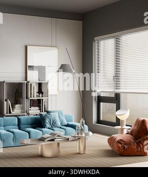 Modernes, warmes, minimalistisches Wohnzimmer mit kupferfarbenem modularem Sofa, abstrakten Wandbildern in Schwarz und weiß und sauberem neutralem Design für ein modernes Apartment Stockfoto
