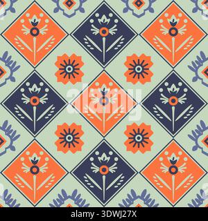 Geometrisches nahtloses Muster, inspiriert von palästinensischer Stickerei, mit Blumenmotiven in Orange, Blau und Grün Stock Vektor
