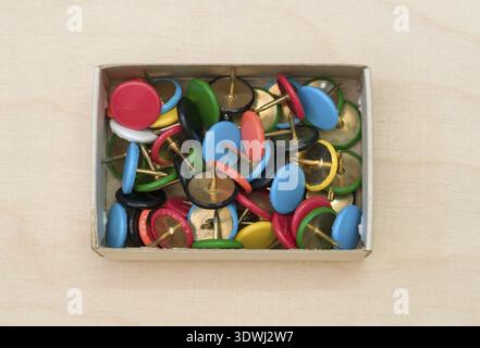 Push-Pins in Pappschachtel Stockfoto