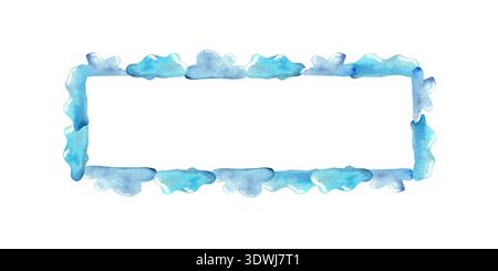 Rechteckiger Aquarellrahmen mit blauen Wolken auf weißem Hintergrund, handgemalte künstlerische Grenze für kreative Designs oder Einladungen Stockfoto