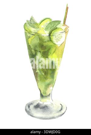 Ein Glas Mojito. Aquarell handgezeichnete Illustration. Tropischer grüner alkoholischer Cocktail mit Rum, Likör, Zitrone frisch, isoliert, Aquarell illustratio Stockfoto