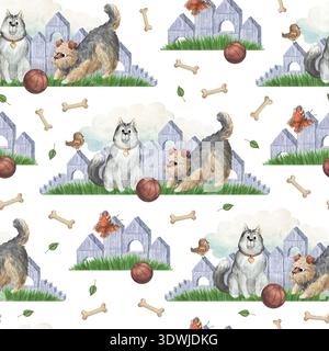 Ein nahtloses Muster mit einem süßen Husky und Terrier, der mit einem Ball spielt Stockfoto