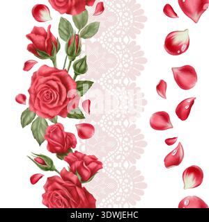 Leidenschaftliche rote Rosen, Knospen, verstreute Blütenblätter mit weichem rosa durchbrochenem Spitzenbesatz in nahtlosem Muster. Romantische Aquarelltöne für Valentinstag, Mütter Stockfoto
