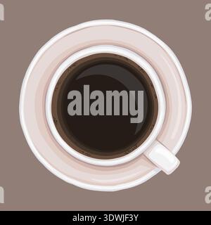Espresso-Kaffeetasse Draufsicht Vektor-Karikaturillustration. Italienisches Getränk mit Keramikuntertasse für mediterranes Café-Menü und Vorlage. Isolierte Getränkezeichnung, perfekt für Design-Grafiken in Lebensmitteln. Stock Vektor