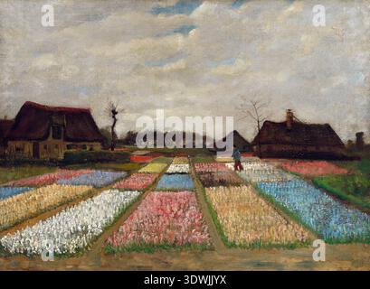Dieses impressionistische Gemälde von Vincent van Gogh mit dem Titel „Bulb Fields“, das im April 1883 geschaffen wurde, zeigt farbenfrohe Blumenreihen auf einem Feld mit Bauernhäusern unter einem bewölkten Himmel. Eine einsame Figur spaziert durch die lebendigen Blumenarrangements und vermittelt ein Gefühl von Größe und menschlicher Aktivität in der natürlichen Landschaft. Stockfoto