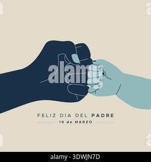 Happy Vatertag: Feliz Dia del Padre auf Spanisch. Faustschlag zwischen der Hand des Erwachsenen und des Kindes. Vektorillustration, flache Ausführung Stock Vektor