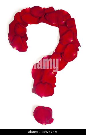 Fragezeichen aus roten Blüten Rose isoliert auf weißem Hintergrund Stockfoto