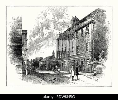 Ein alter Kupferstich von Downing Street, Westminster, London, England, Großbritannien in den 1800er Jahren Es stammt aus einem viktorianischen Geschichtsbuch aus dem jahr 1900. Die Downing Street ist eine geschlossene Straße, die die offiziellen Wohnsitze und Büros des britischen Premierministers (Nummer 10) und des Kanzlers des Finanzministeriums (Nummer 11) in einer Sackgasse vor Whitehall beherbergt und nur einen kurzen Spaziergang von den Houses of Parliament entfernt ist. Die Downing Street wurde in den 1680er Jahren von Sir George Downing erbaut. Stockfoto