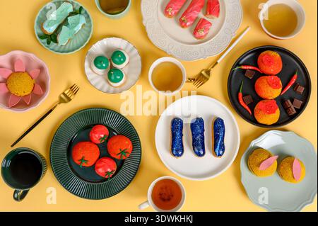 Eine lebendige Präsentation verschiedener Desserts und Snacks auf Tellern mit bunten Süßigkeiten und Getränken auf einer gelben Oberfläche Stockfoto