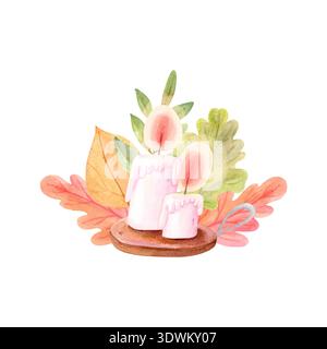 Herbstkerzen in Aquarellfarben mit bunten Herbstblättern isoliert auf weiß. Handgezeichnete kuschelige saisonale Illustration im niedlichen Retro-Stil. Stockfoto