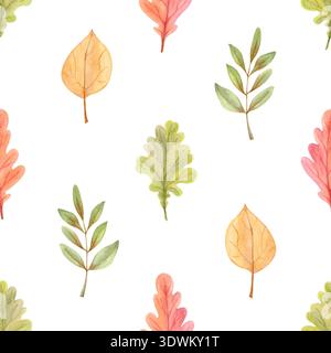 Aquarellfarben im Herbst hinterlässt ein nahtloses Muster. Botanischer Herbst-Hintergrund in weichen Naturtönen für Stoff, Geschenkpapier, Verpackung. Stockfoto